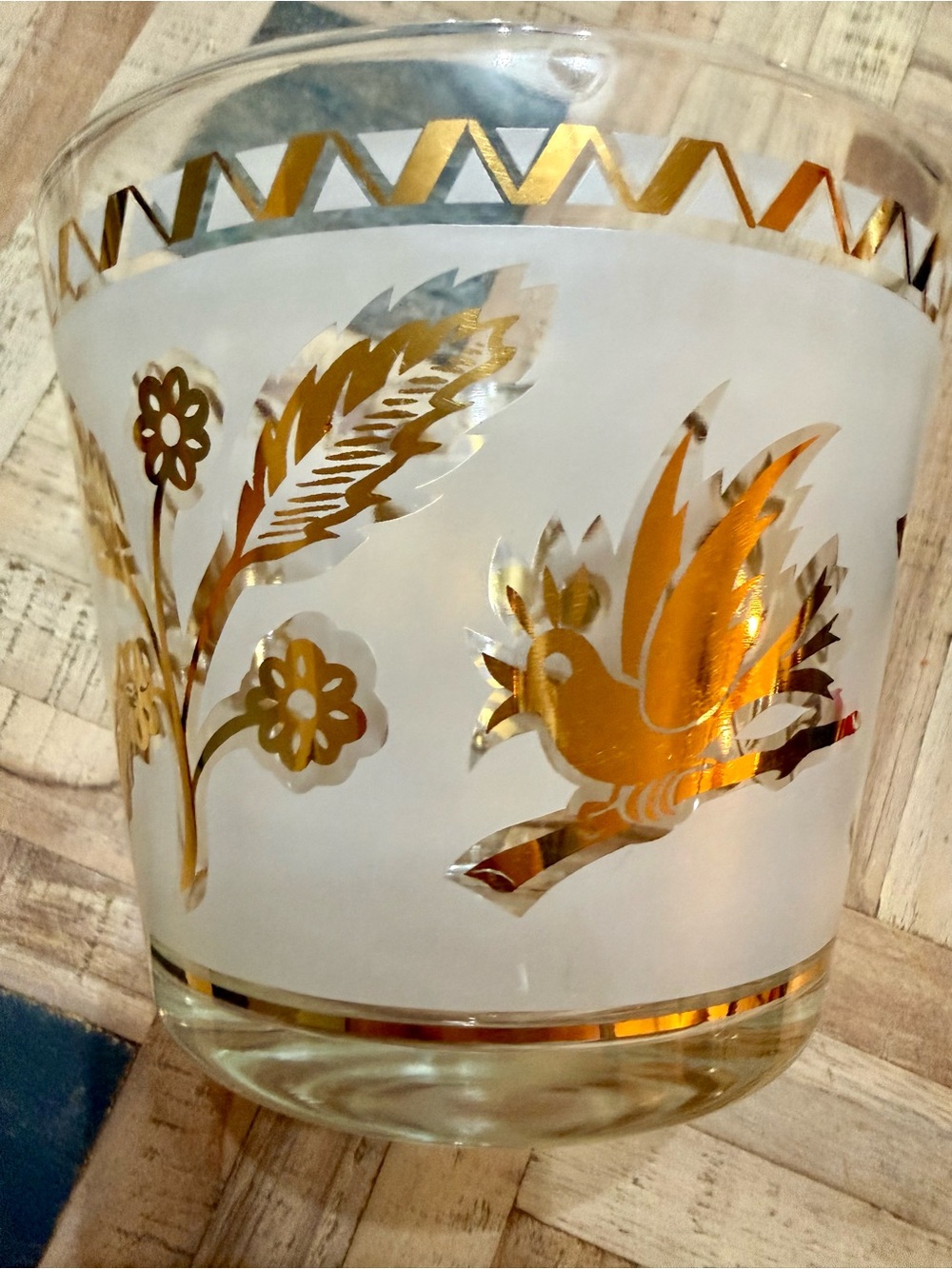 Vintage MCM Ice Bucket Frosted Glass 22kt Gold Libbey/Starlyte Style